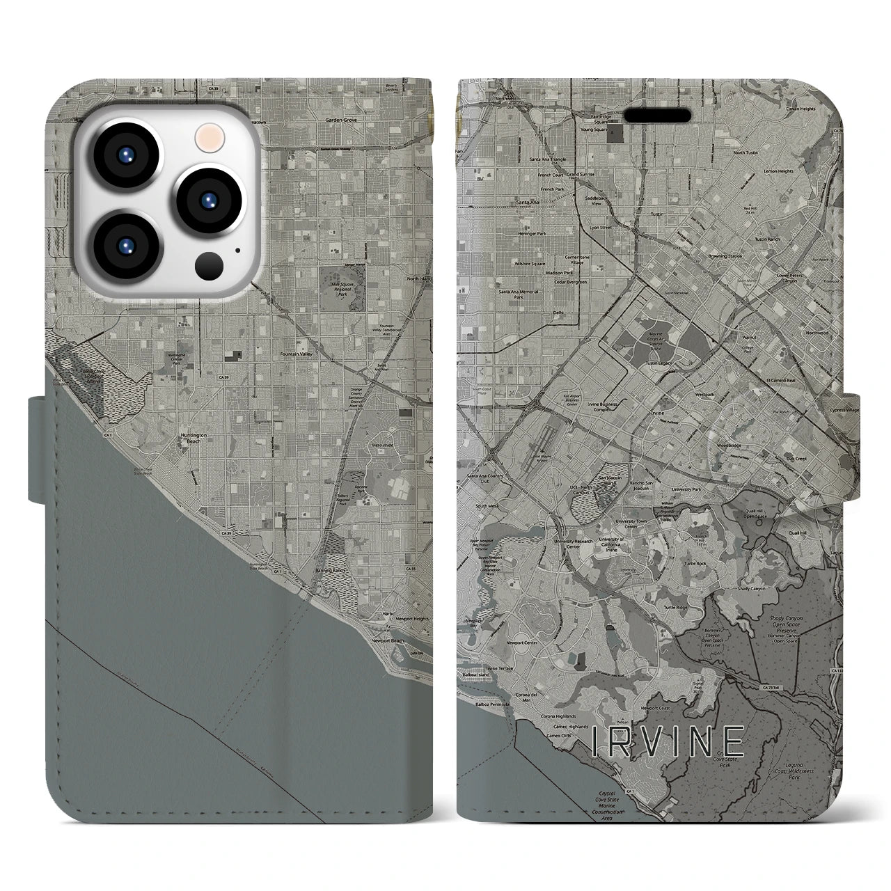 【アーバイン(アメリカ)】地図柄iPhoneケース(手帳タイプ)モノトーン・iPhone 13 Pro 用