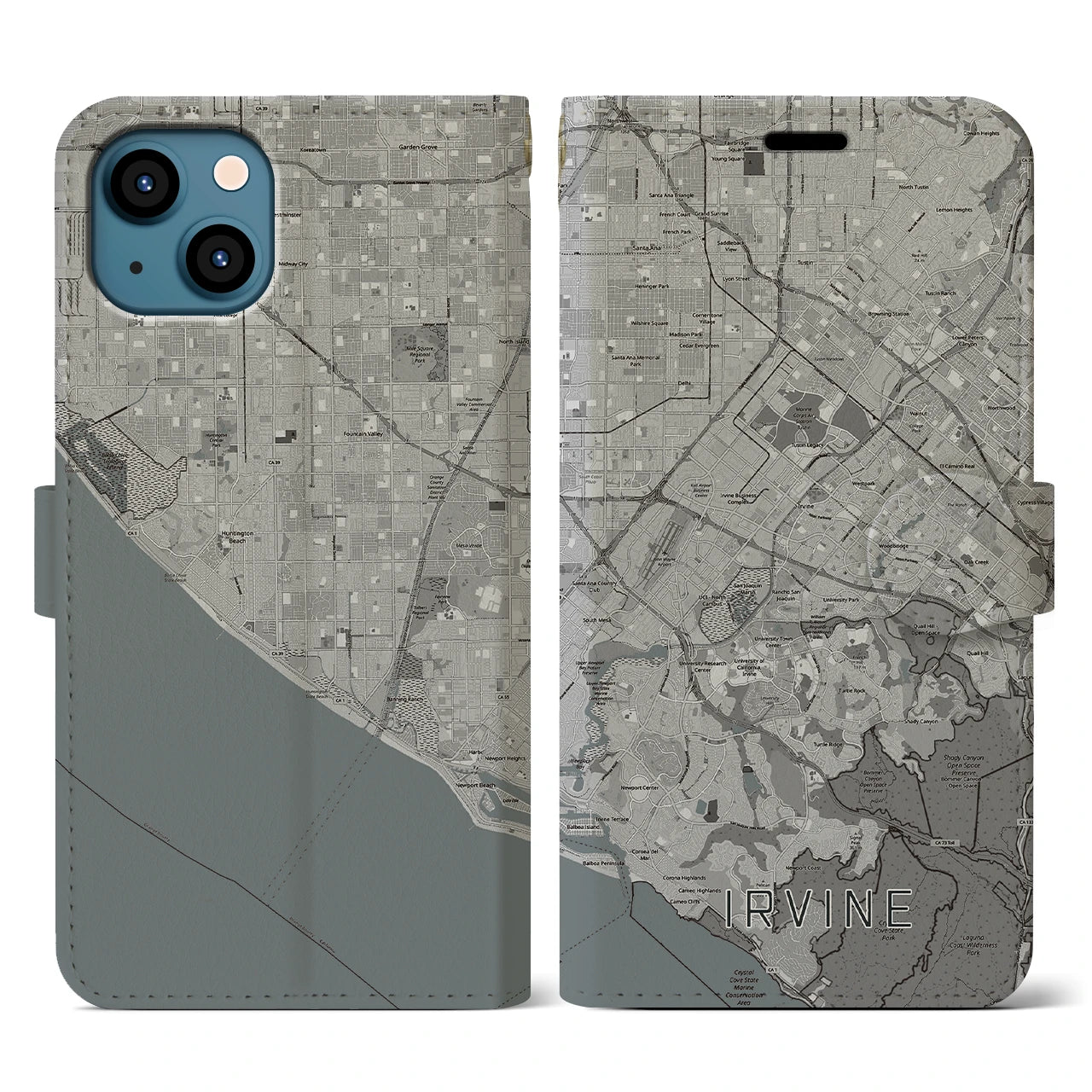 【アーバイン(アメリカ)】地図柄iPhoneケース(手帳タイプ)モノトーン・iPhone 13 用
