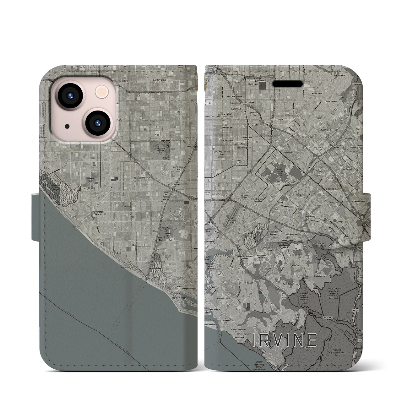 【アーバイン(アメリカ)】地図柄iPhoneケース(手帳タイプ)モノトーン・iPhone 13 mini 用