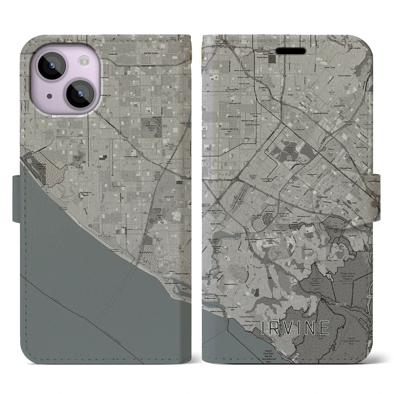 【アーバイン(アメリカ)】地図柄iPhoneケース(手帳タイプ)モノトーン・iPhone 14 用