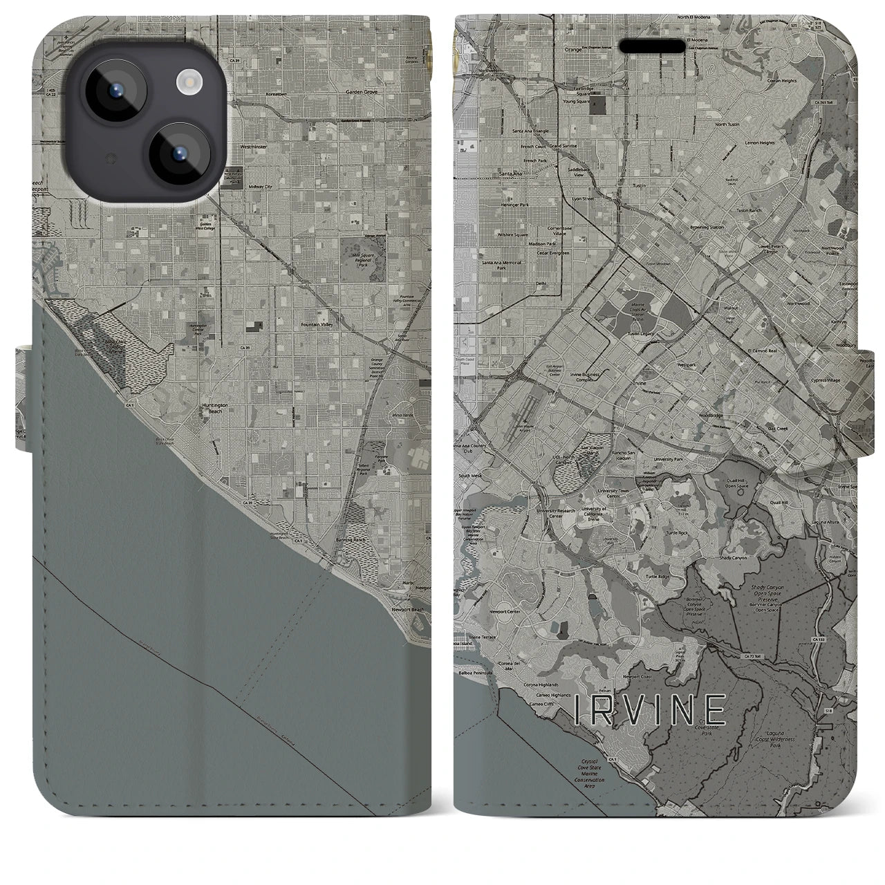 【アーバイン(アメリカ)】地図柄iPhoneケース(手帳タイプ)モノトーン・iPhone 14 Plus 用