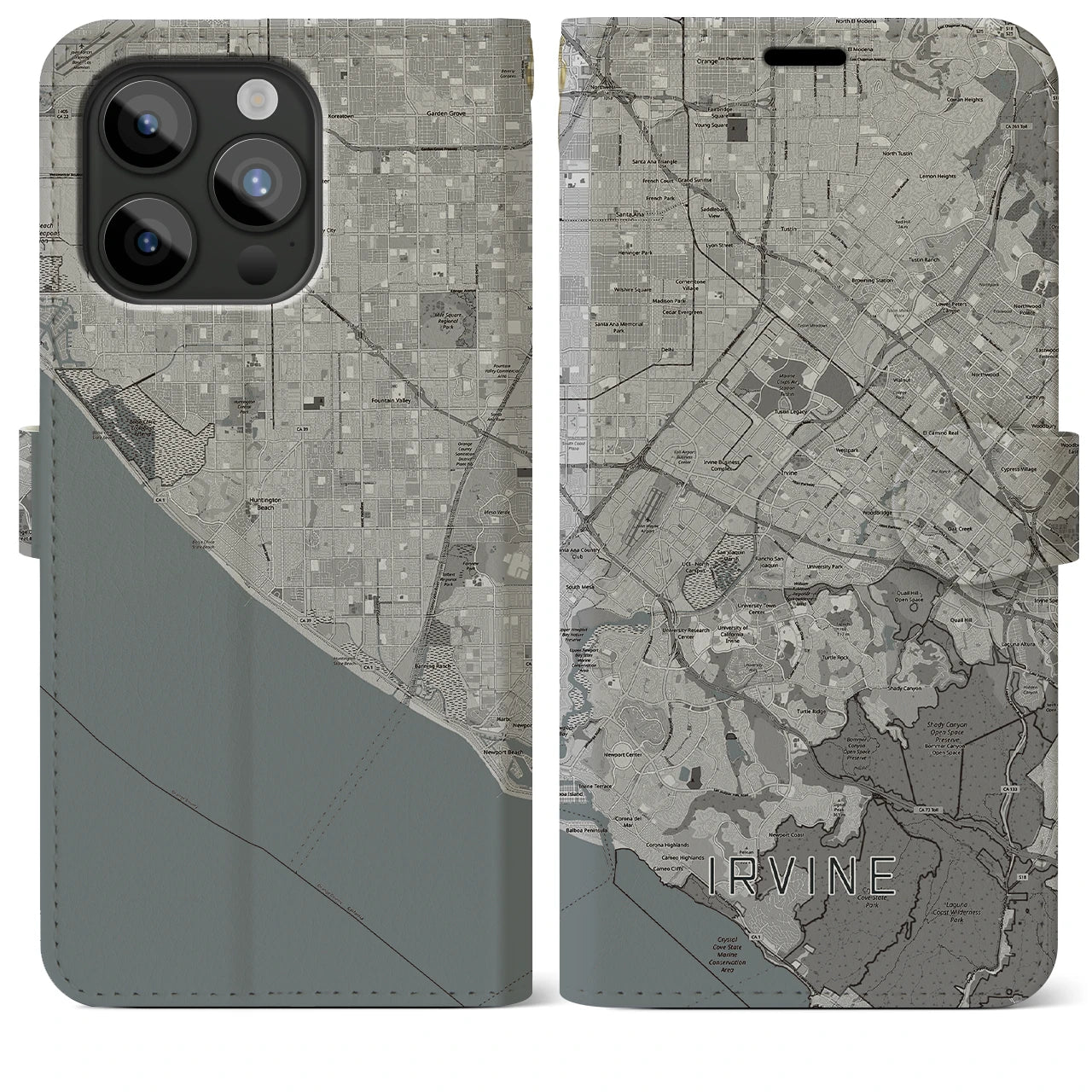 【アーバイン(アメリカ)】地図柄iPhoneケース(手帳タイプ)モノトーン・iPhone 15 Pro Max 用