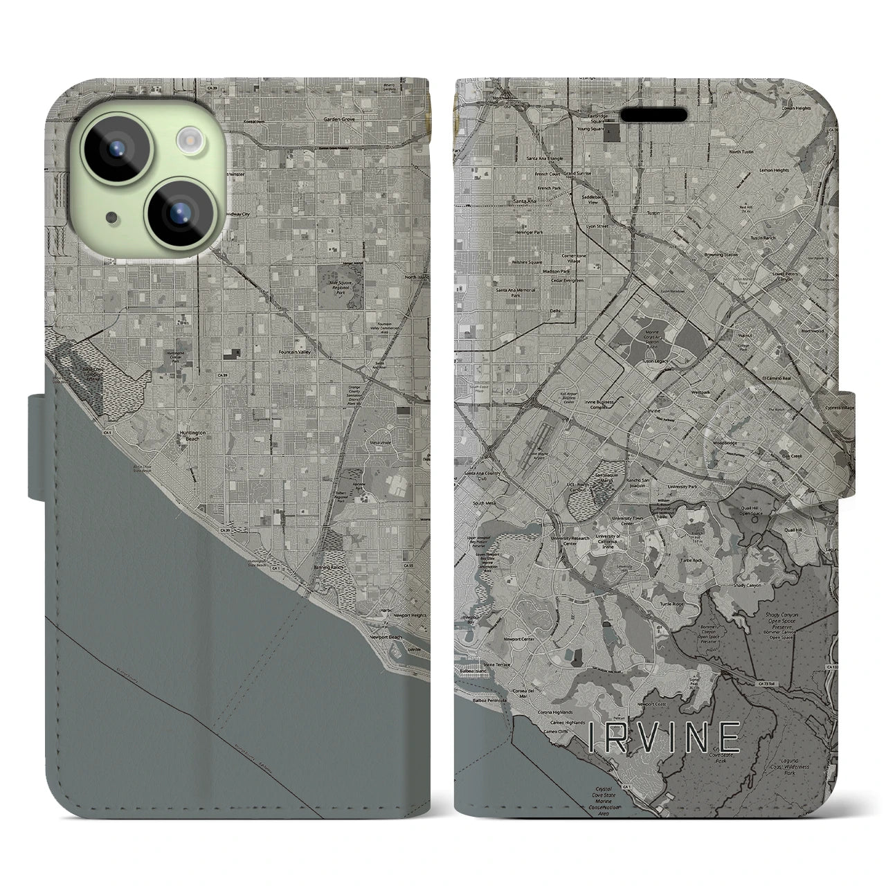 【アーバイン(アメリカ)】地図柄iPhoneケース(手帳タイプ)モノトーン・iPhone 15 用