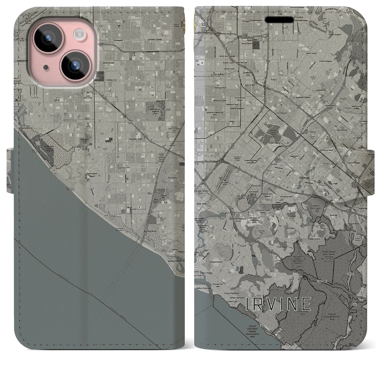 【アーバイン(アメリカ)】地図柄iPhoneケース(手帳タイプ)モノトーン・iPhone 15 Plus 用