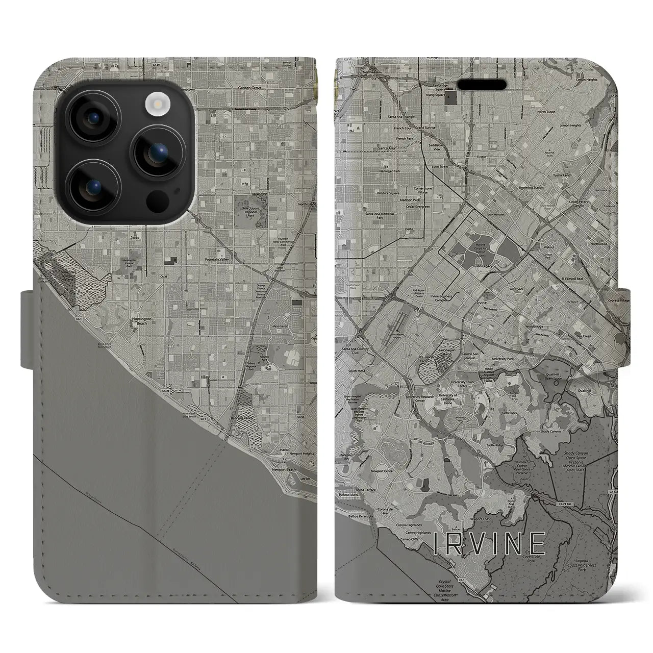 【アーバイン(アメリカ)】地図柄iPhoneケース(手帳タイプ)モノトーン・iPhone 16 用