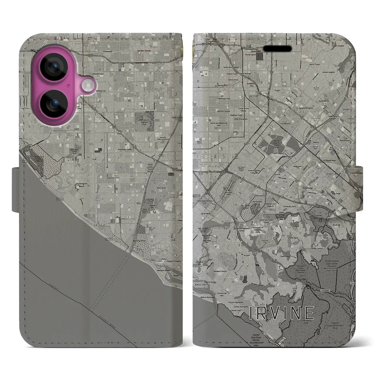 【アーバイン(アメリカ)】地図柄iPhoneケース(手帳タイプ)モノトーン・iPhone 16 Pro 用