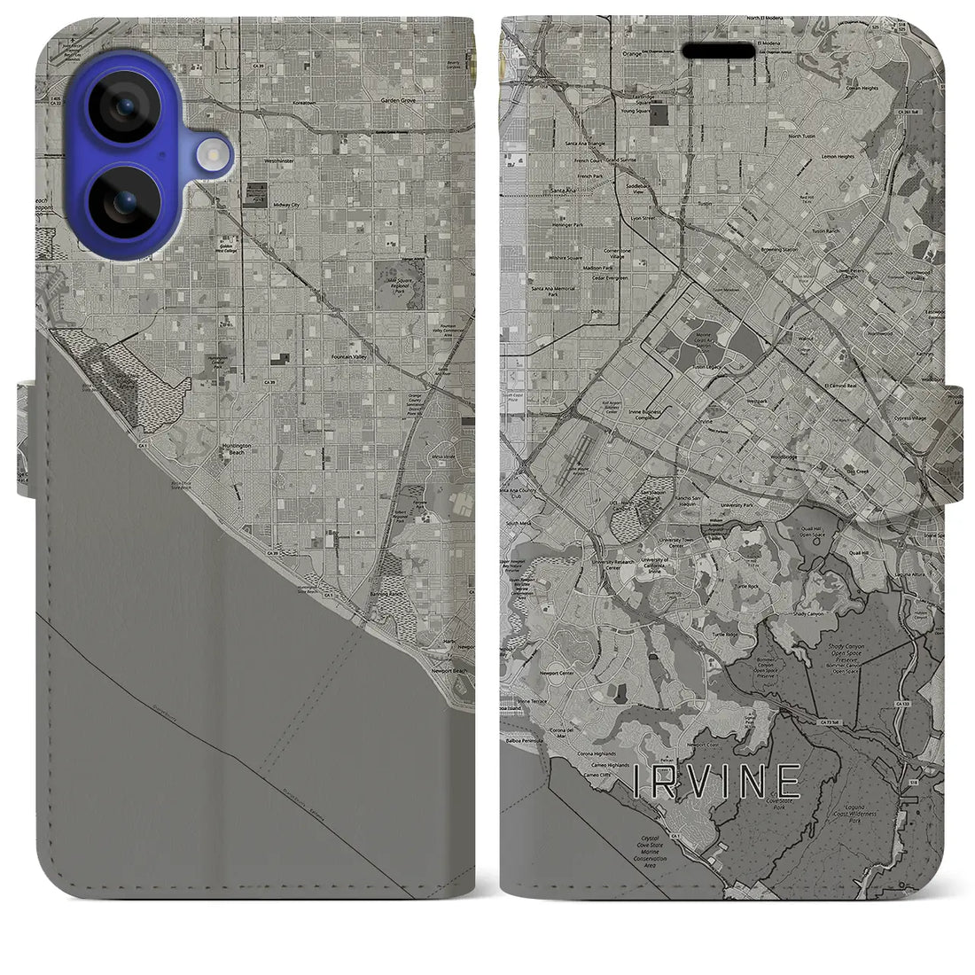 【アーバイン(アメリカ)】地図柄iPhoneケース(手帳タイプ)モノトーン・iPhone 16 Pro Max 用