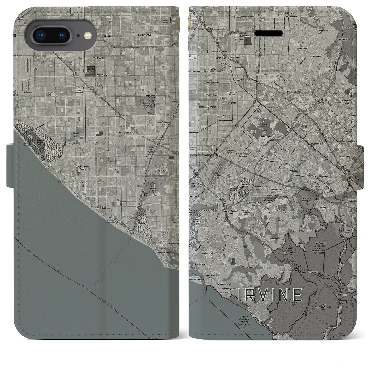 【アーバイン(アメリカ)】地図柄iPhoneケース(手帳タイプ)モノトーン・iPhone 8Plus /7Plus / 6sPlus / 6Plus 用