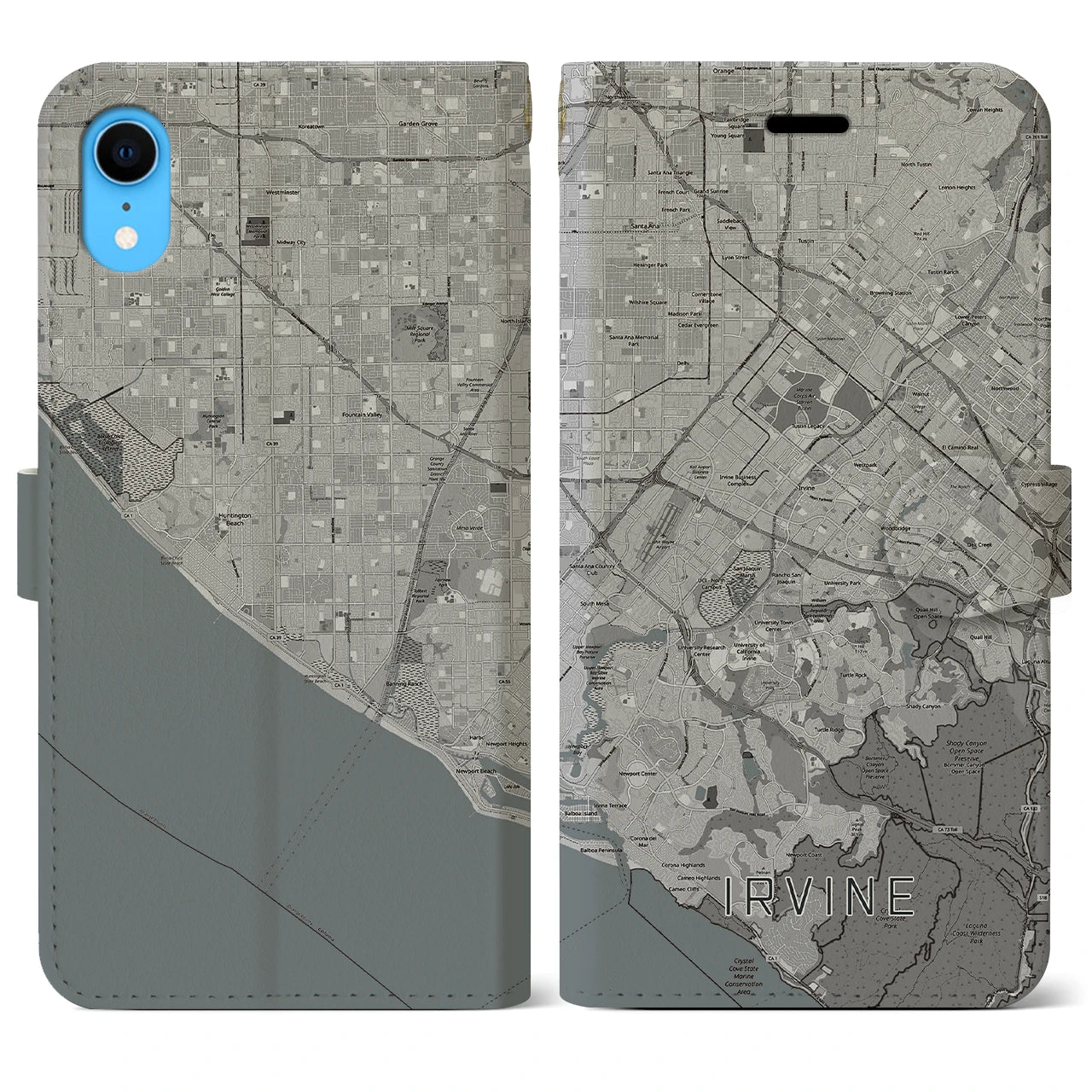 【アーバイン(アメリカ)】地図柄iPhoneケース(手帳タイプ)モノトーン・iPhone XR 用