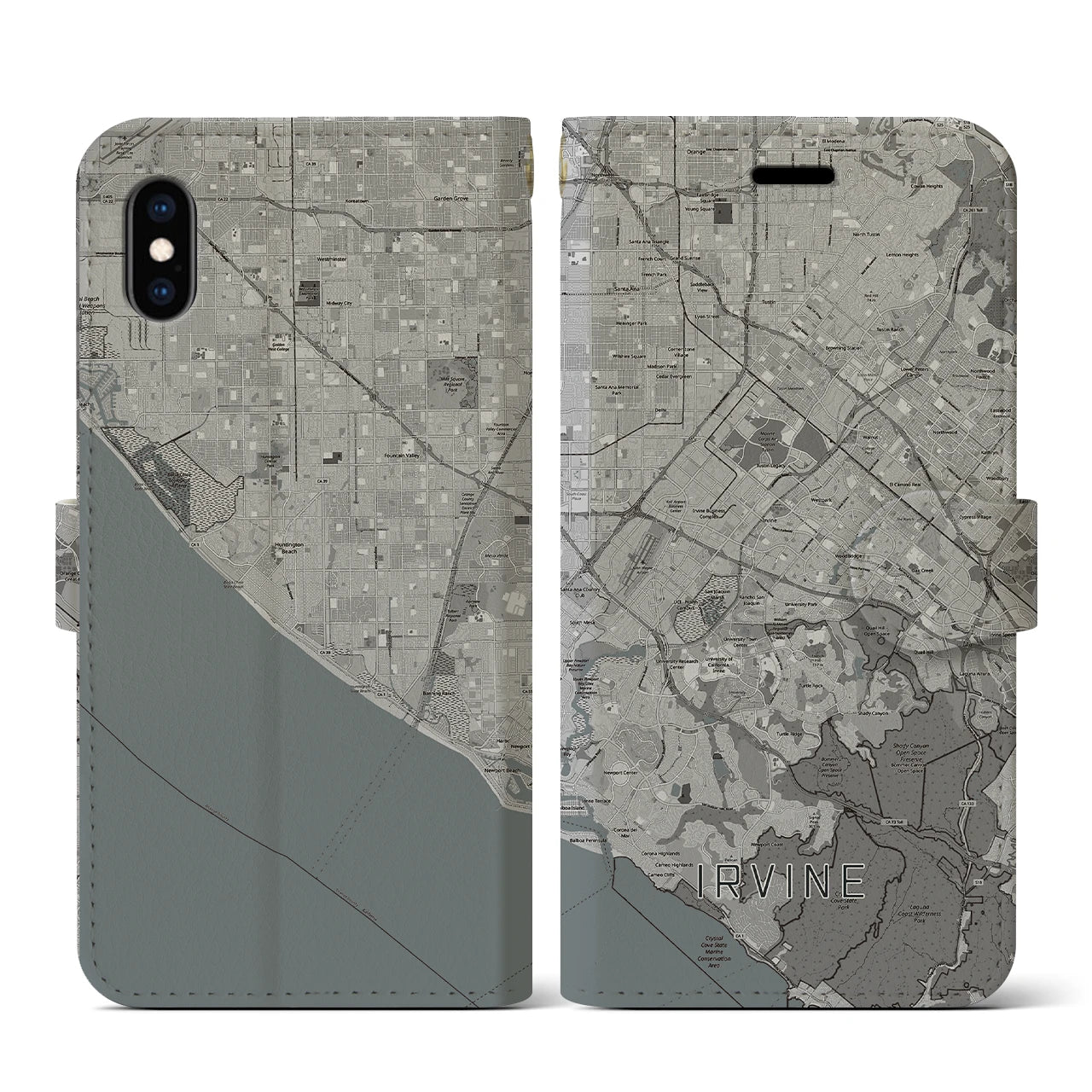 【アーバイン(アメリカ)】地図柄iPhoneケース(手帳タイプ)モノトーン・iPhone XS / X 用