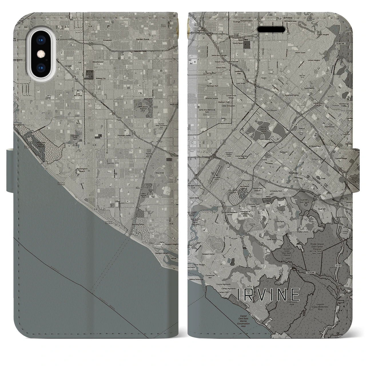 【アーバイン(アメリカ)】地図柄iPhoneケース(手帳タイプ)モノトーン・iPhone XS Max 用
