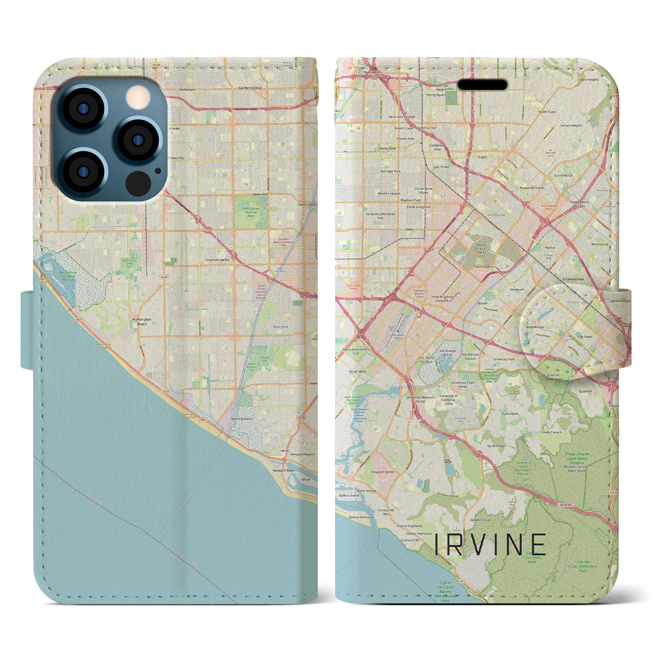 【アーバイン(アメリカ)】地図柄iPhoneケース(手帳タイプ)ナチュラル・iPhone 12 / 12 Pro 用