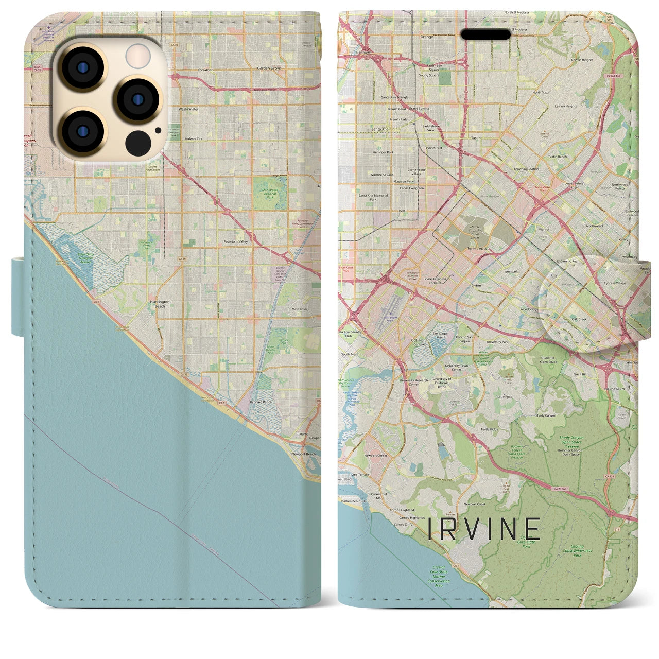 【アーバイン(アメリカ)】地図柄iPhoneケース(手帳タイプ)ナチュラル・iPhone 12 Pro Max 用