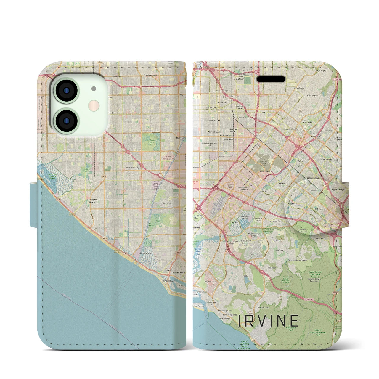 【アーバイン(アメリカ)】地図柄iPhoneケース(手帳タイプ)ナチュラル・iPhone 12 mini 用