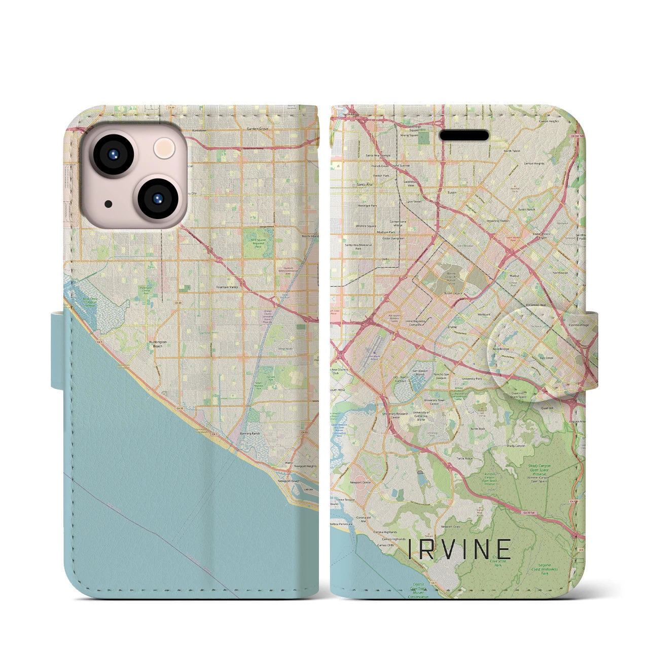 【アーバイン(アメリカ)】地図柄iPhoneケース(手帳タイプ)ナチュラル・iPhone 13 mini 用