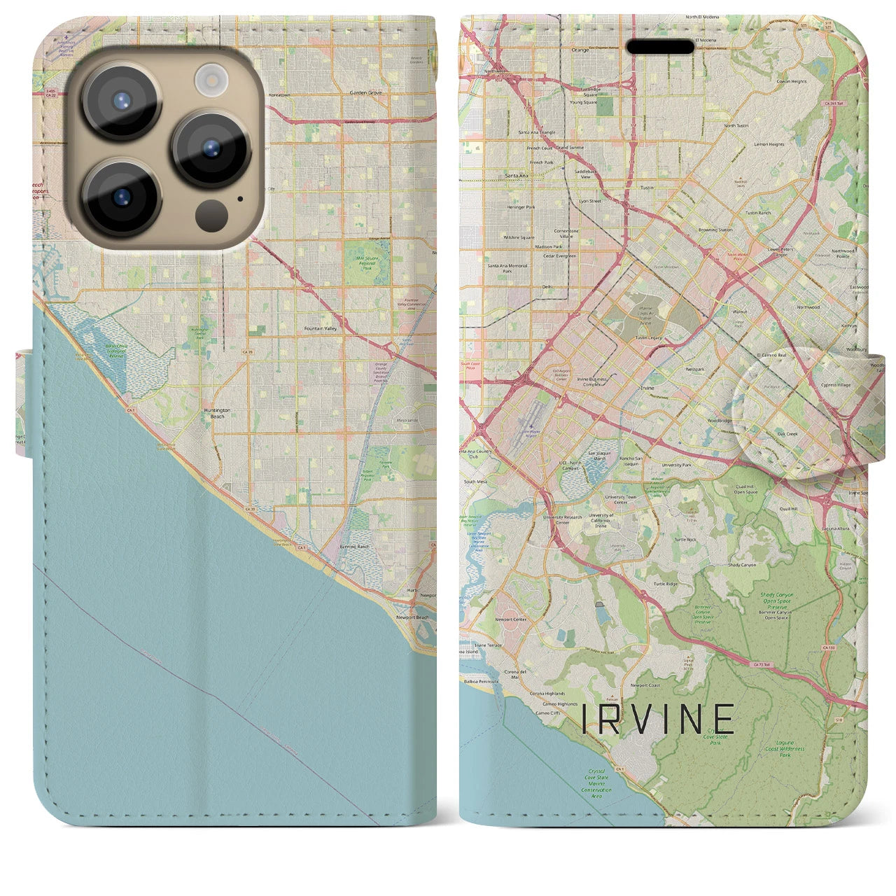 【アーバイン(アメリカ)】地図柄iPhoneケース(手帳タイプ)ナチュラル・iPhone 14 Pro Max 用