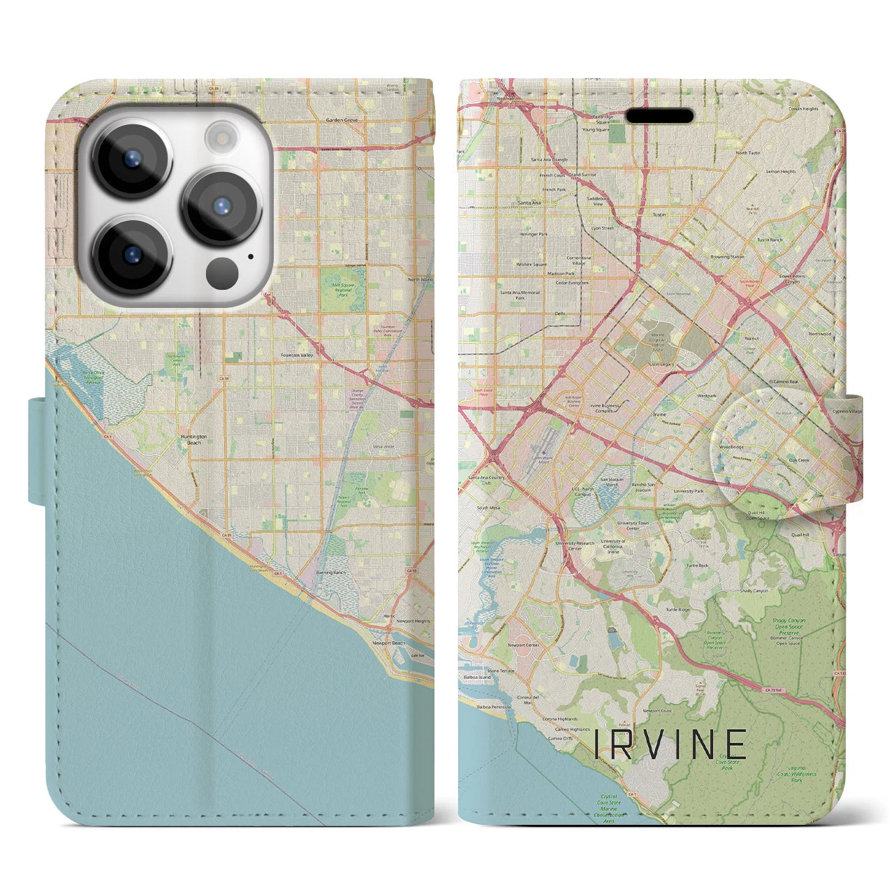 【アーバイン(アメリカ)】地図柄iPhoneケース(手帳タイプ)ナチュラル・iPhone 14 Pro 用