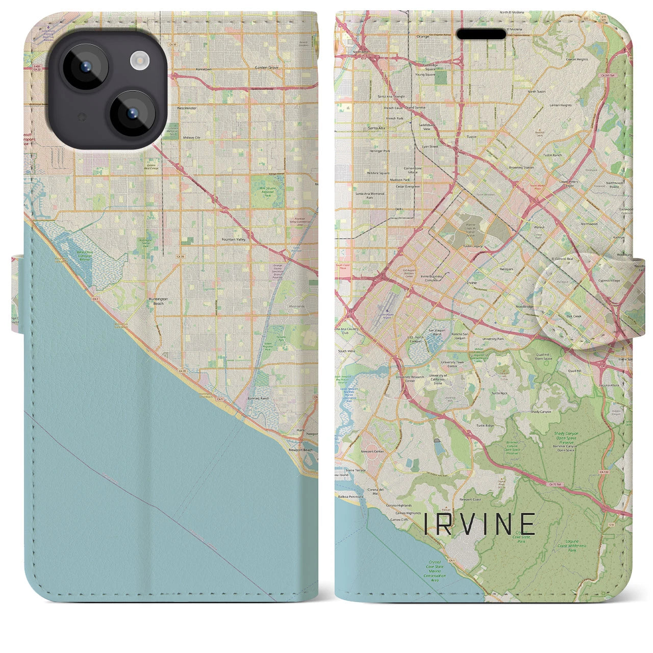 【アーバイン(アメリカ)】地図柄iPhoneケース(手帳タイプ)ナチュラル・iPhone 14 Plus 用