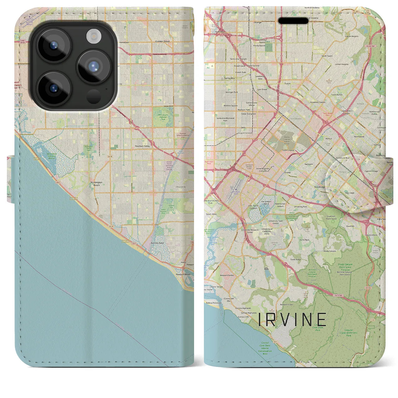 【アーバイン(アメリカ)】地図柄iPhoneケース(手帳タイプ)ナチュラル・iPhone 15 Pro Max 用