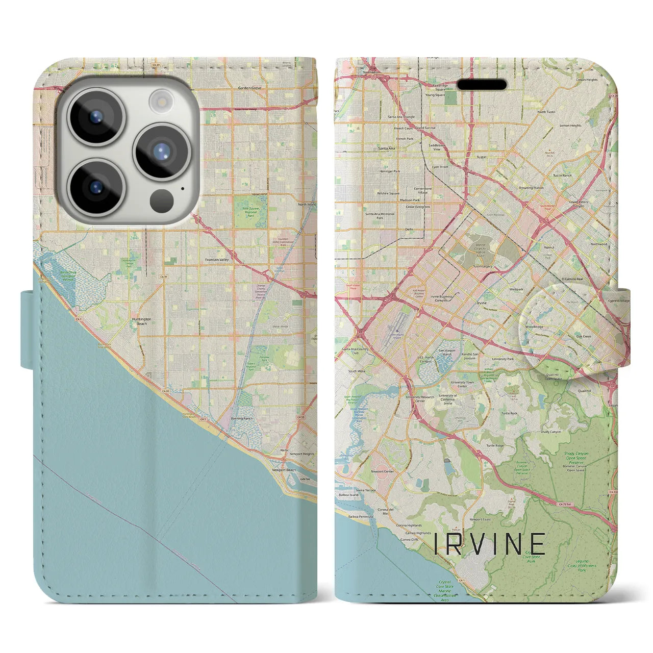【アーバイン(アメリカ)】地図柄iPhoneケース(手帳タイプ)ナチュラル・iPhone 15 Pro 用