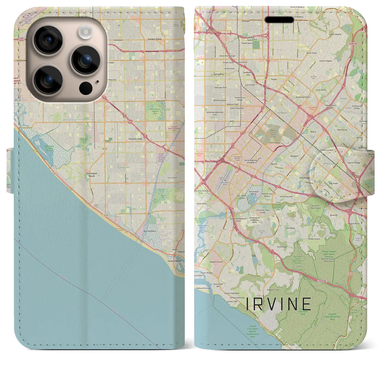 【アーバイン(アメリカ)】地図柄iPhoneケース(手帳タイプ)ナチュラル・iPhone 16 Plus 用