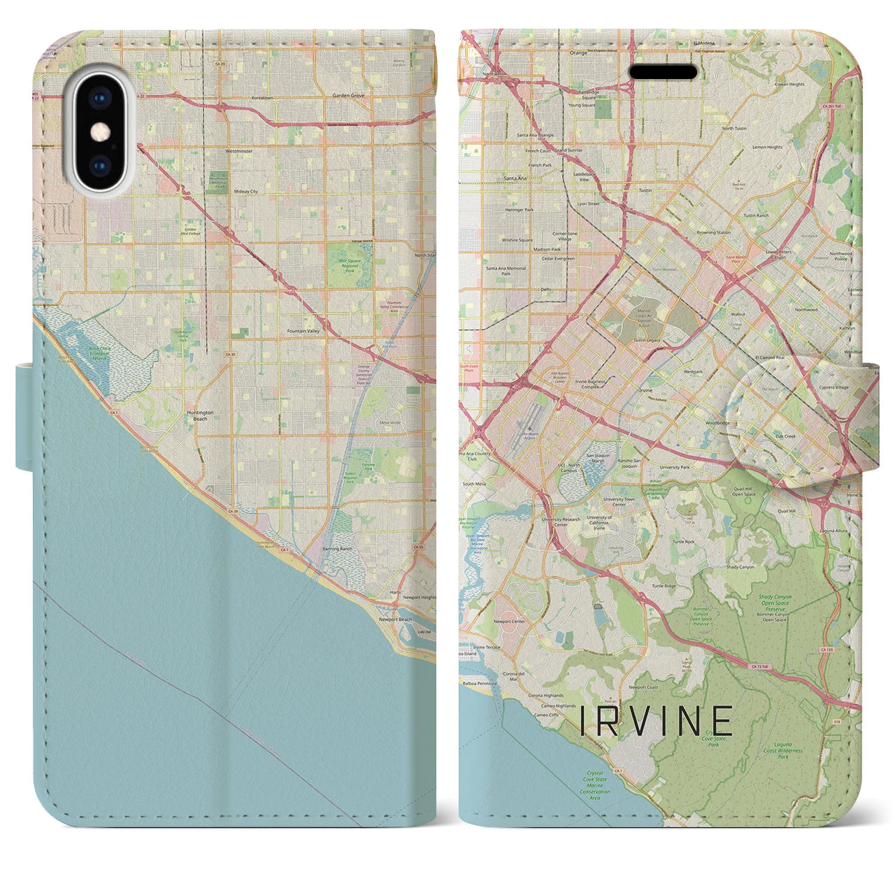 【アーバイン(アメリカ)】地図柄iPhoneケース(手帳タイプ)ナチュラル・iPhone XS Max 用