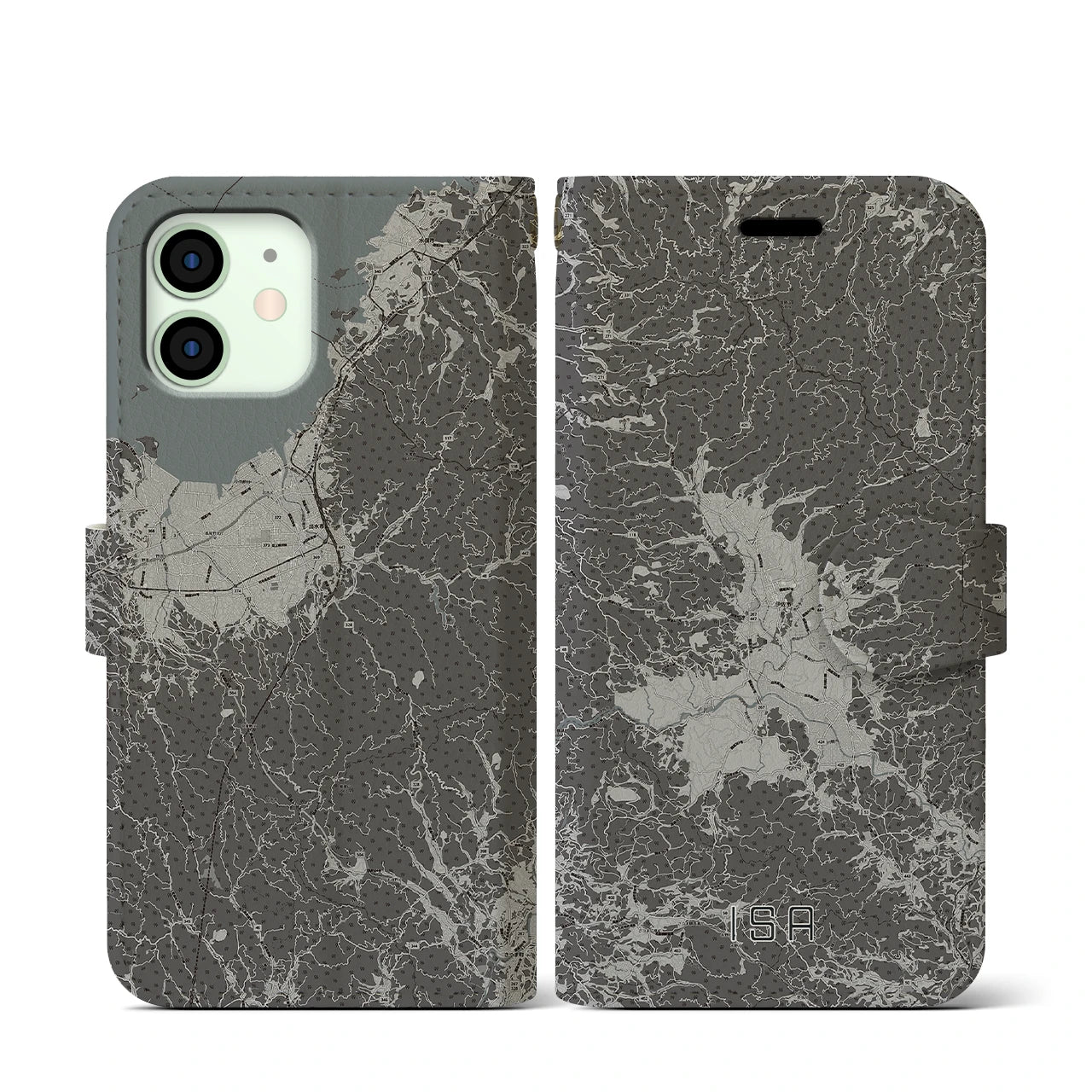 【伊佐(鹿児島県)】地図柄iPhoneケース(手帳タイプ)モノトーン・iPhone 12 mini 用