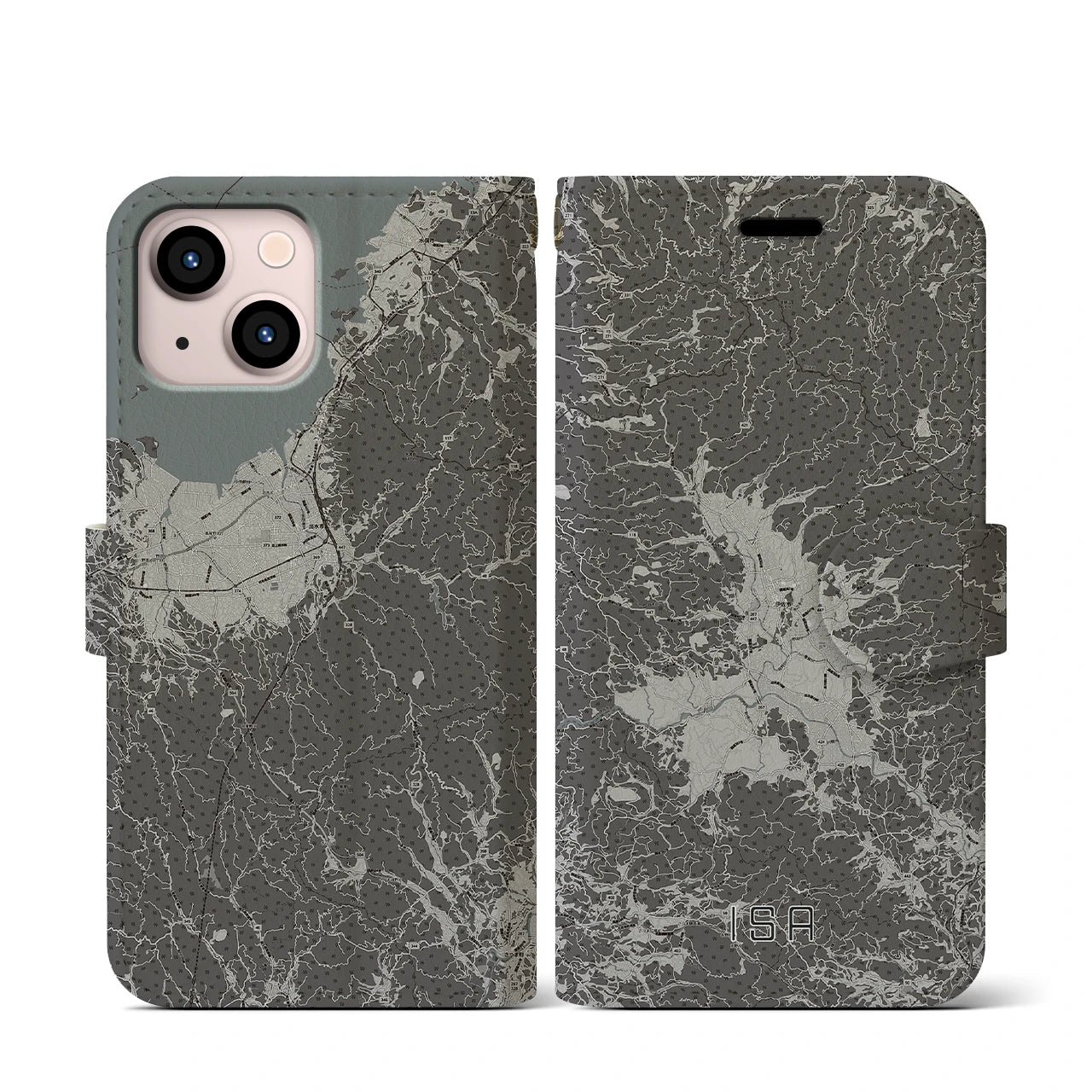 【伊佐(鹿児島県)】地図柄iPhoneケース(手帳タイプ)モノトーン・iPhone 13 mini 用