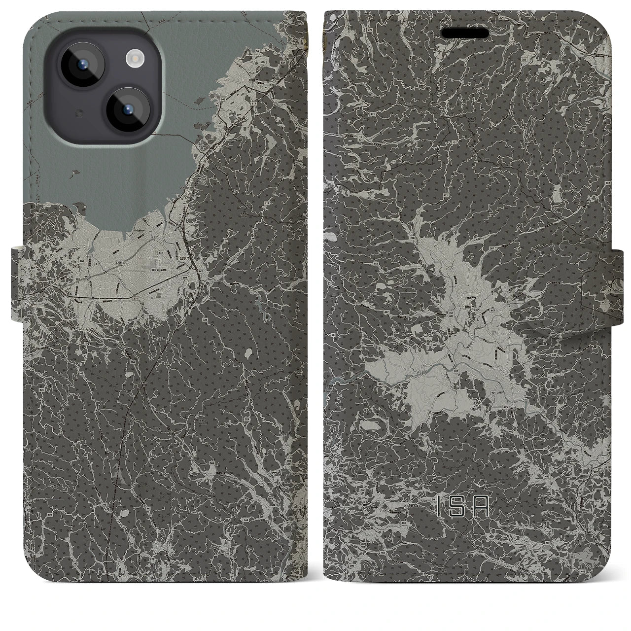 【伊佐(鹿児島県)】地図柄iPhoneケース(手帳タイプ)モノトーン・iPhone 14 Plus 用