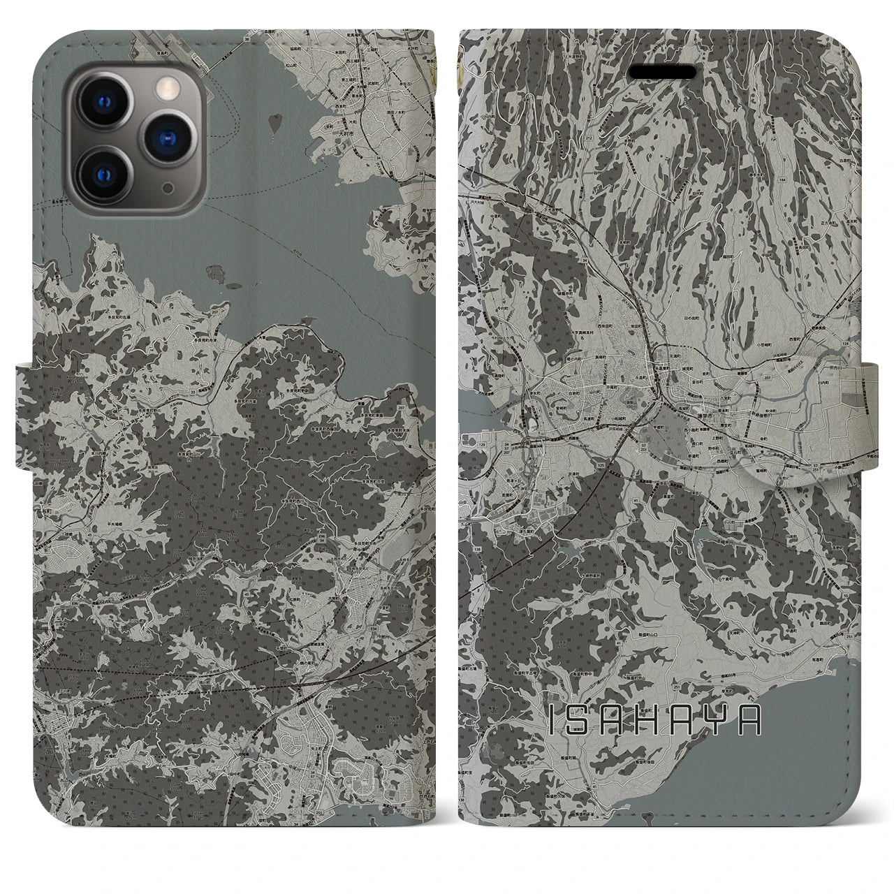 【諫早(長崎県)】地図柄iPhoneケース(手帳タイプ)モノトーン・iPhone 11 Pro Max 用