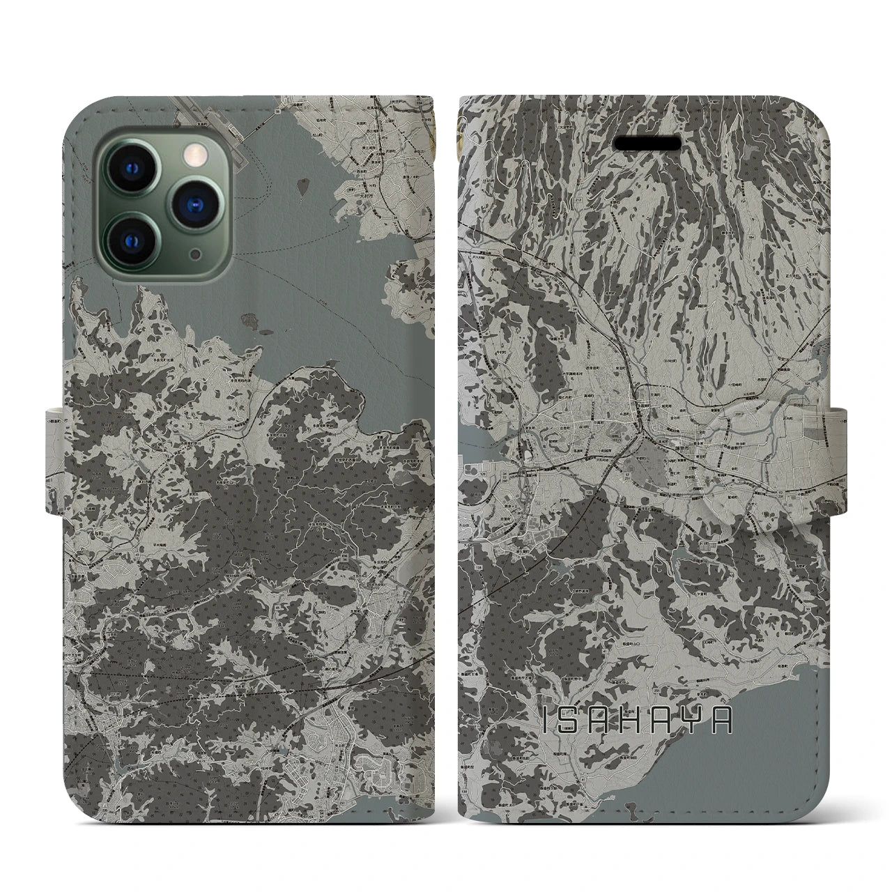 【諫早(長崎県)】地図柄iPhoneケース(手帳タイプ)モノトーン・iPhone 11 Pro 用