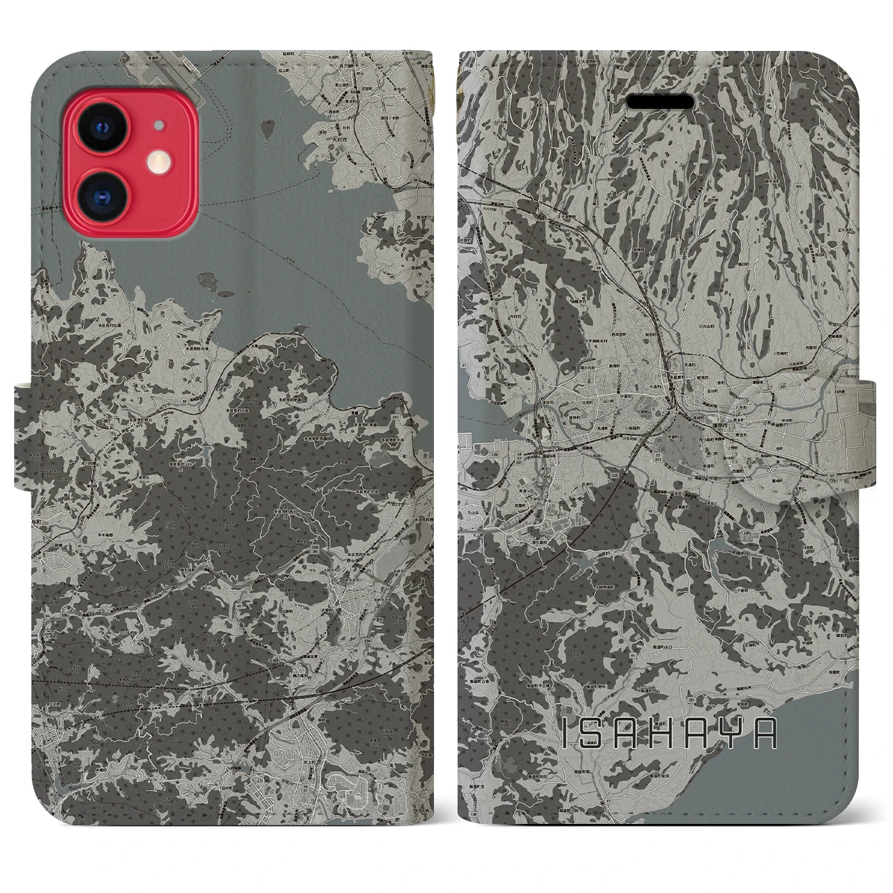 【諫早(長崎県)】地図柄iPhoneケース(手帳タイプ)モノトーン・iPhone 11 用