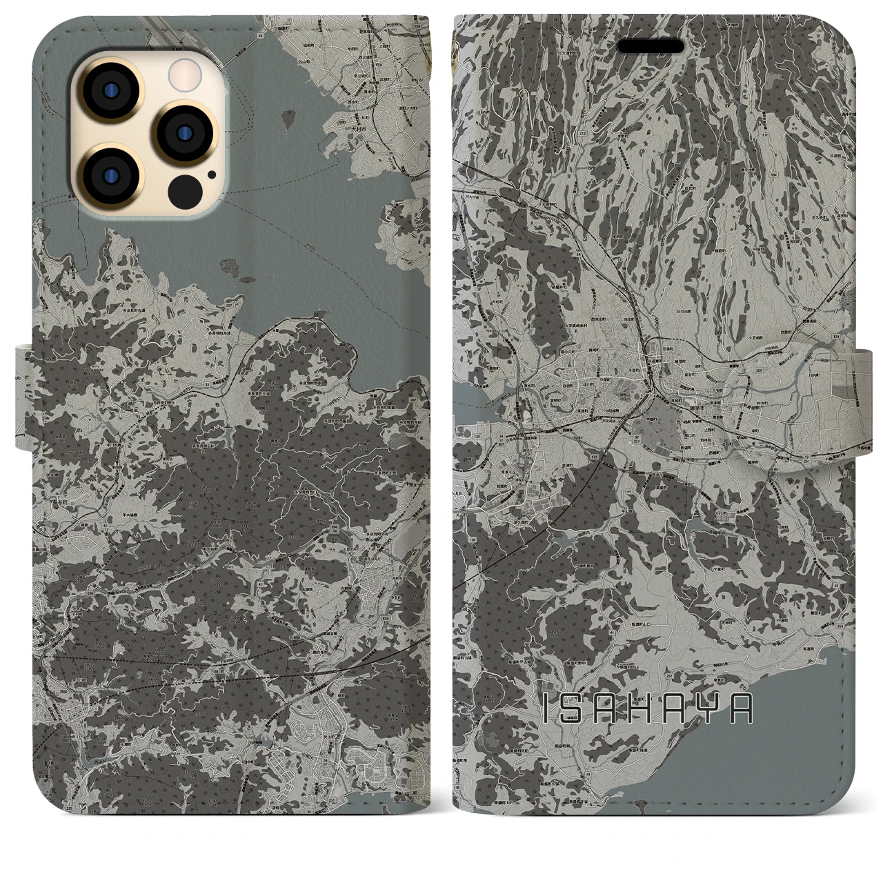 【諫早(長崎県)】地図柄iPhoneケース(手帳タイプ)モノトーン・iPhone 12 Pro Max 用