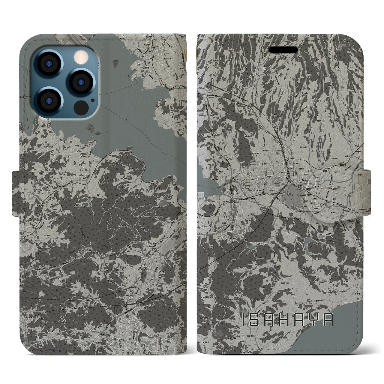 【諫早(長崎県)】地図柄iPhoneケース(手帳タイプ)モノトーン・iPhone 12 / 12 Pro 用