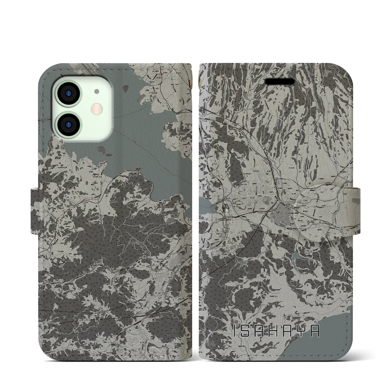 【諫早(長崎県)】地図柄iPhoneケース(手帳タイプ)モノトーン・iPhone 12 mini 用