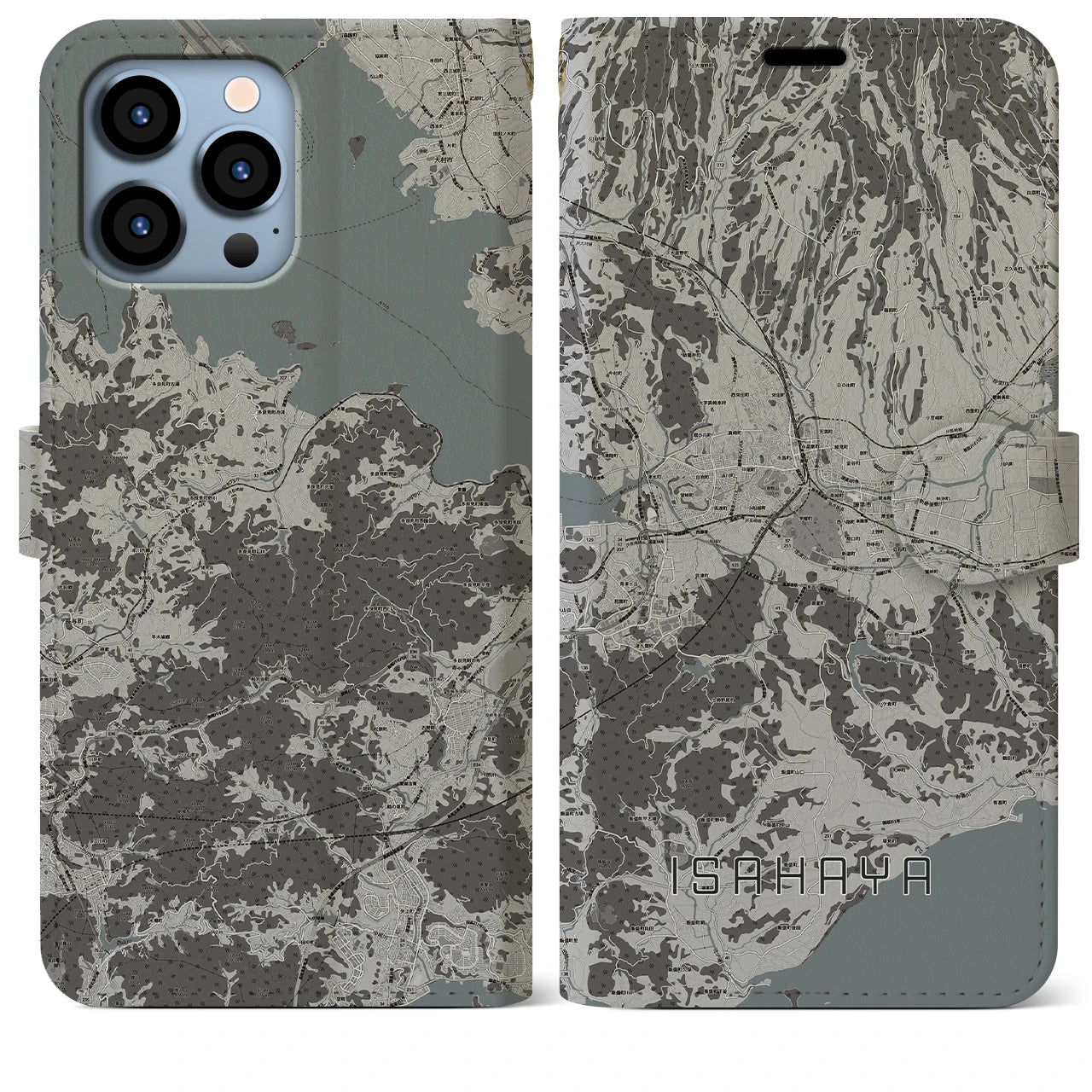 【諫早(長崎県)】地図柄iPhoneケース(手帳タイプ)モノトーン・iPhone 13 Pro Max 用