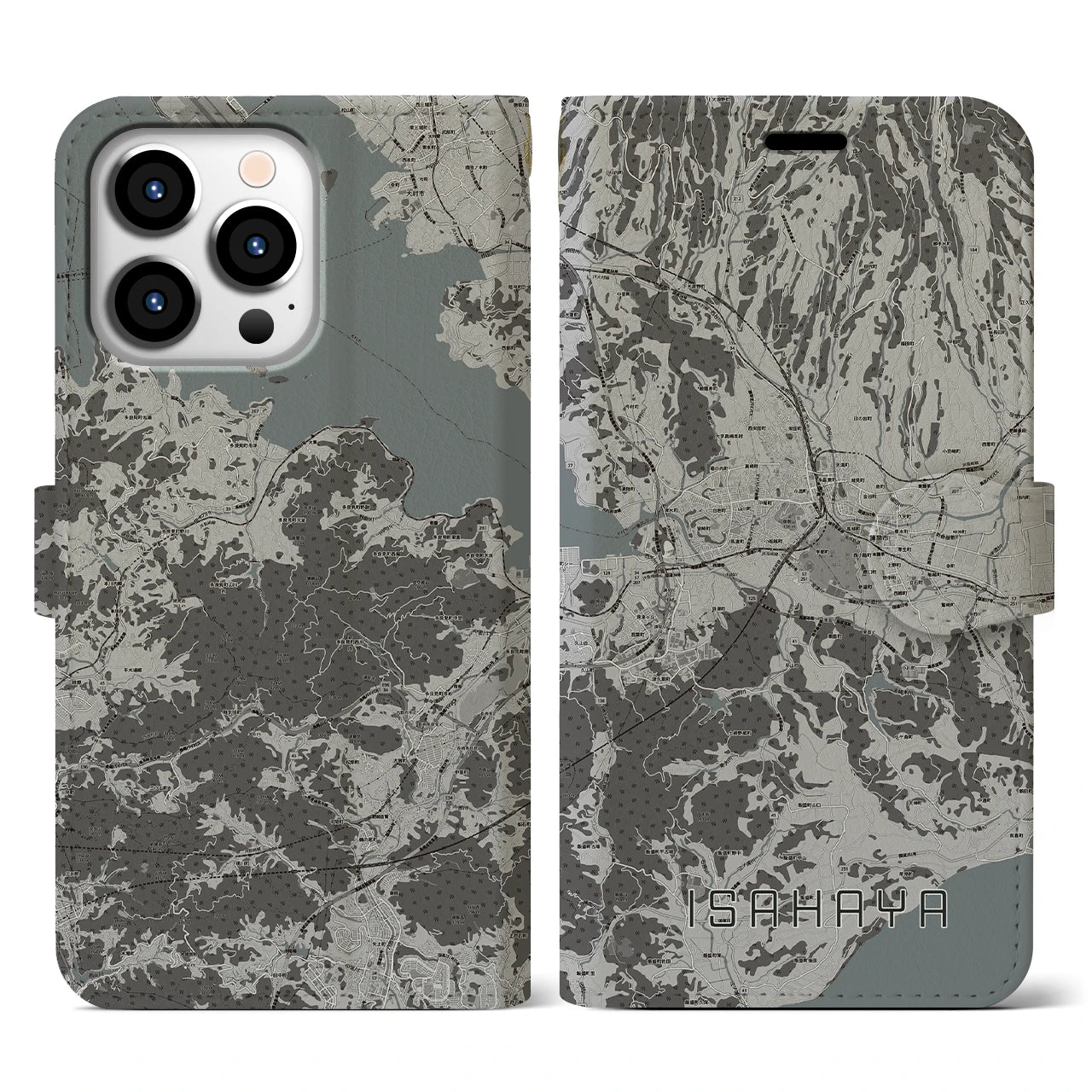 【諫早(長崎県)】地図柄iPhoneケース(手帳タイプ)モノトーン・iPhone 13 Pro 用