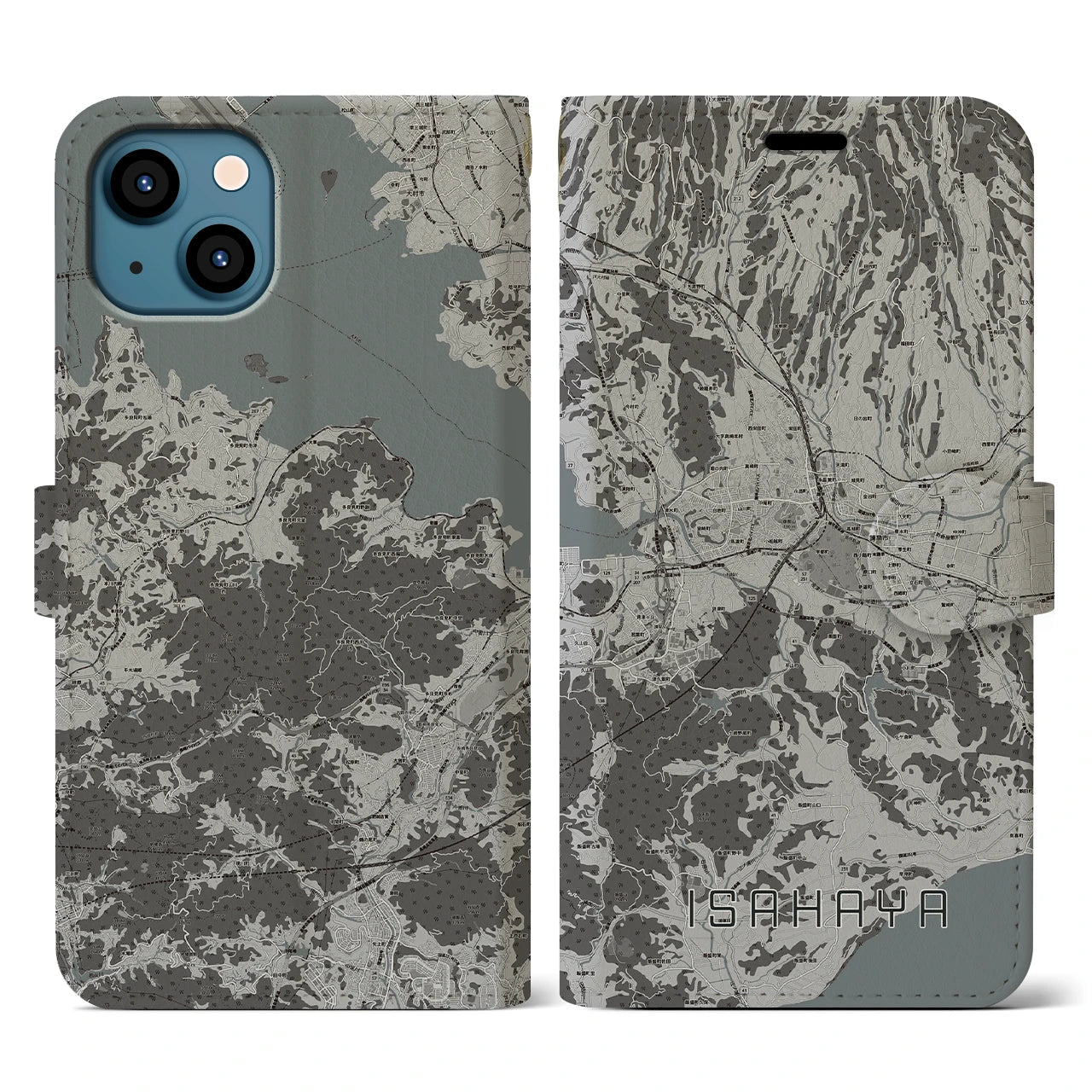 【諫早(長崎県)】地図柄iPhoneケース(手帳タイプ)モノトーン・iPhone 13 用
