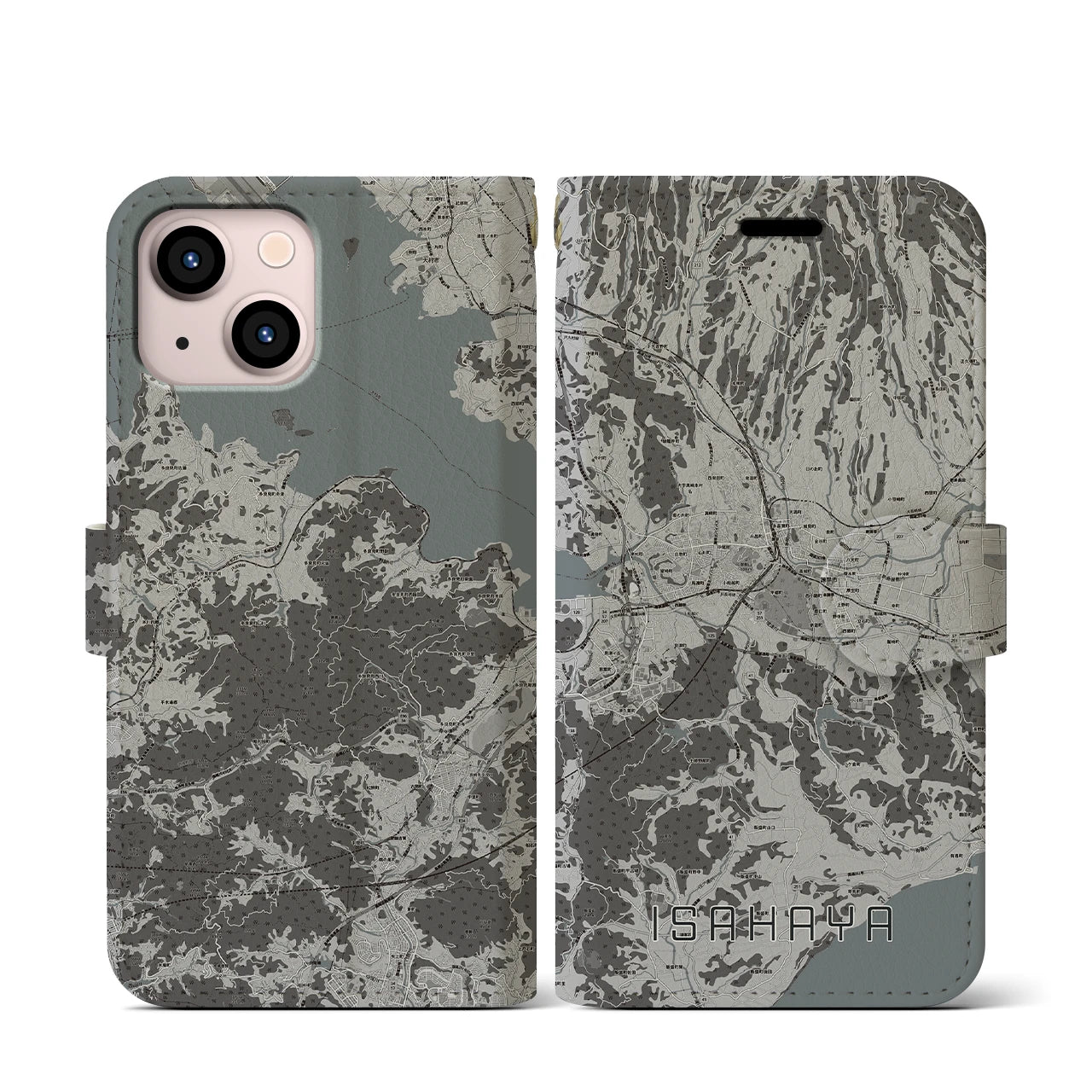 【諫早(長崎県)】地図柄iPhoneケース(手帳タイプ)モノトーン・iPhone 13 mini 用