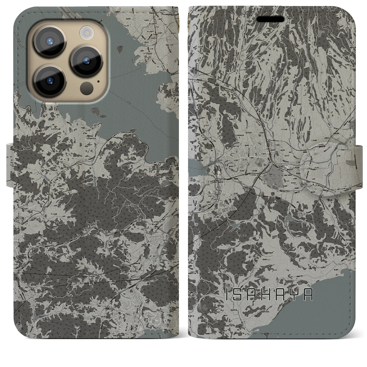 【諫早(長崎県)】地図柄iPhoneケース(手帳タイプ)モノトーン・iPhone 14 Pro Max 用