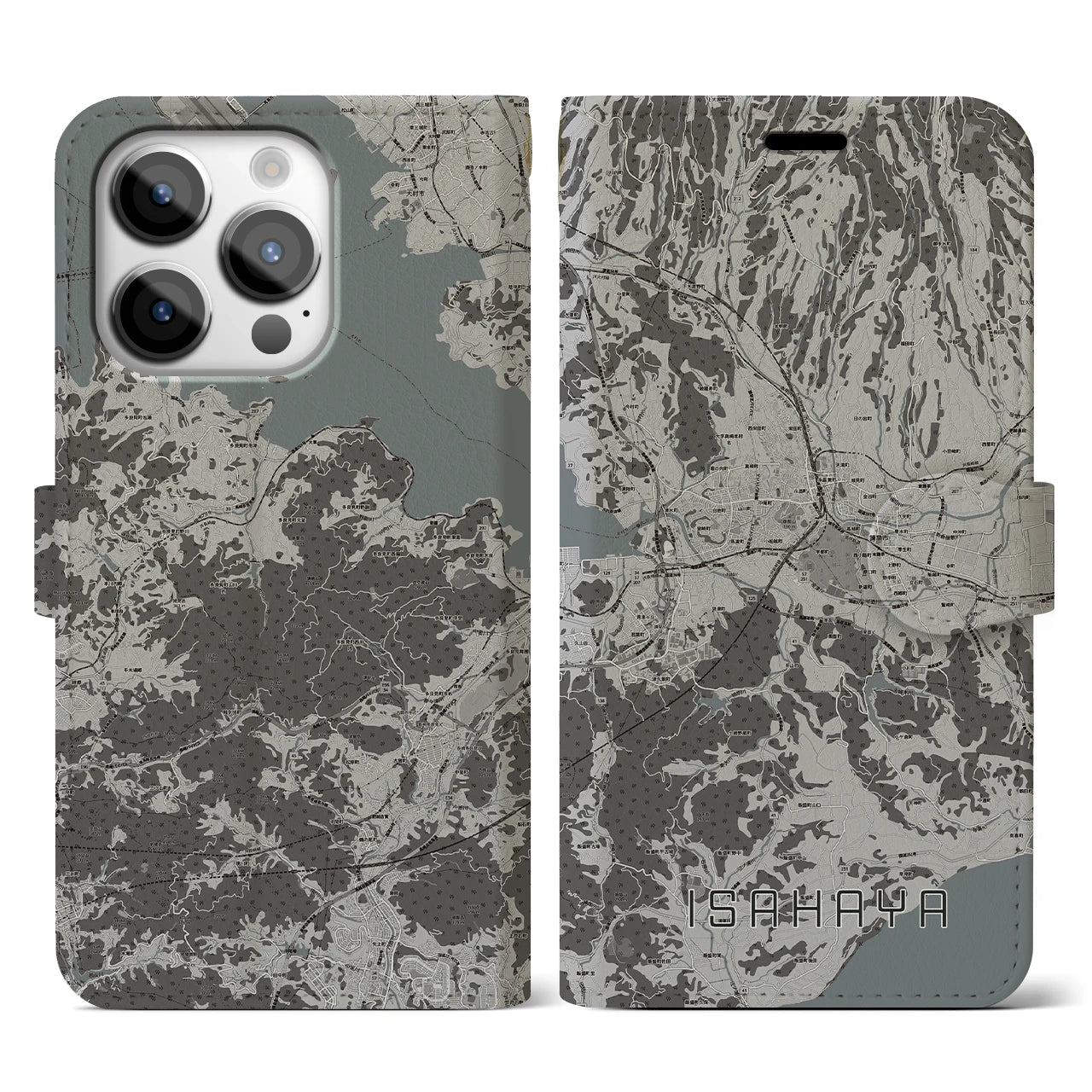 【諫早(長崎県)】地図柄iPhoneケース(手帳タイプ)モノトーン・iPhone 14 Pro 用