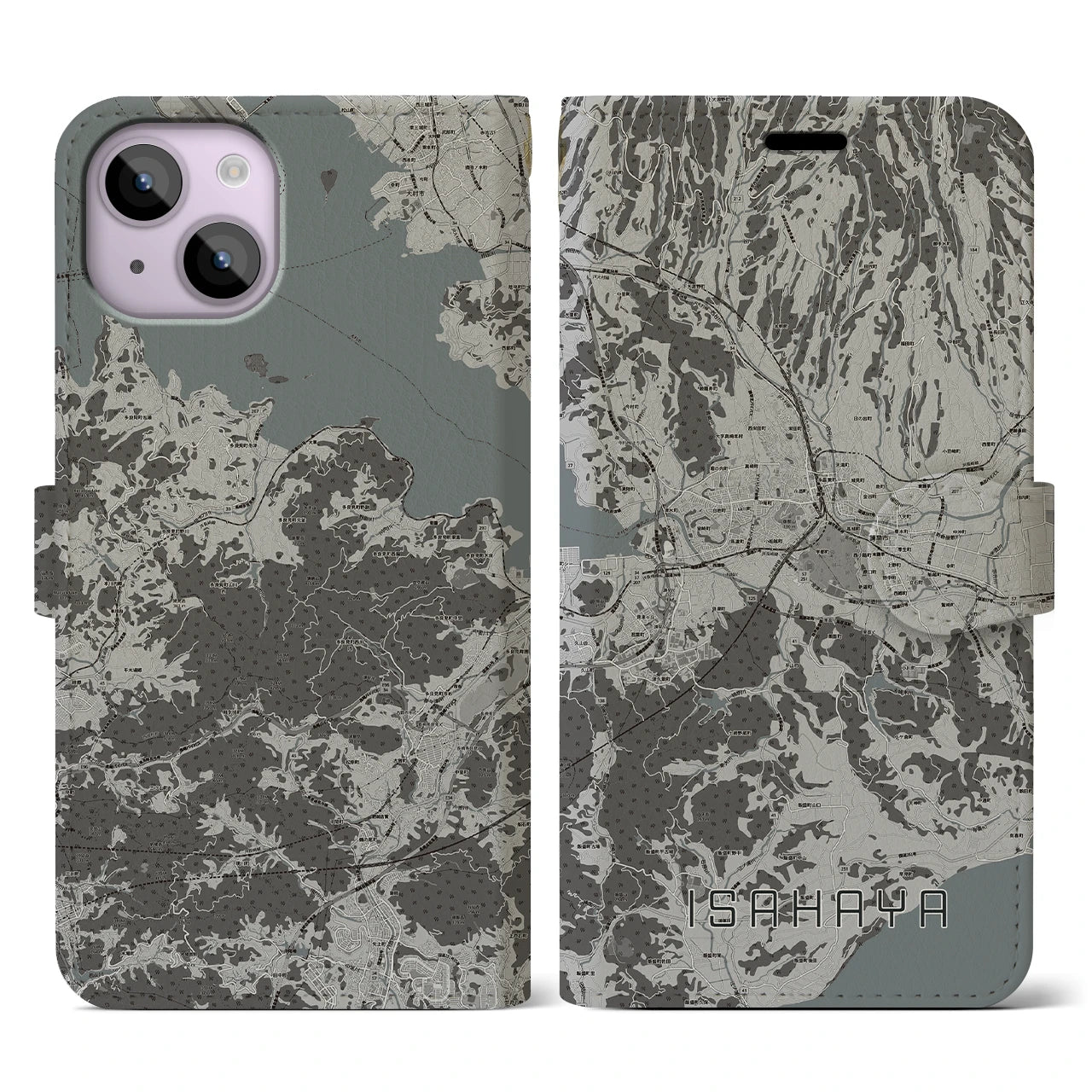 【諫早(長崎県)】地図柄iPhoneケース(手帳タイプ)モノトーン・iPhone 14 用