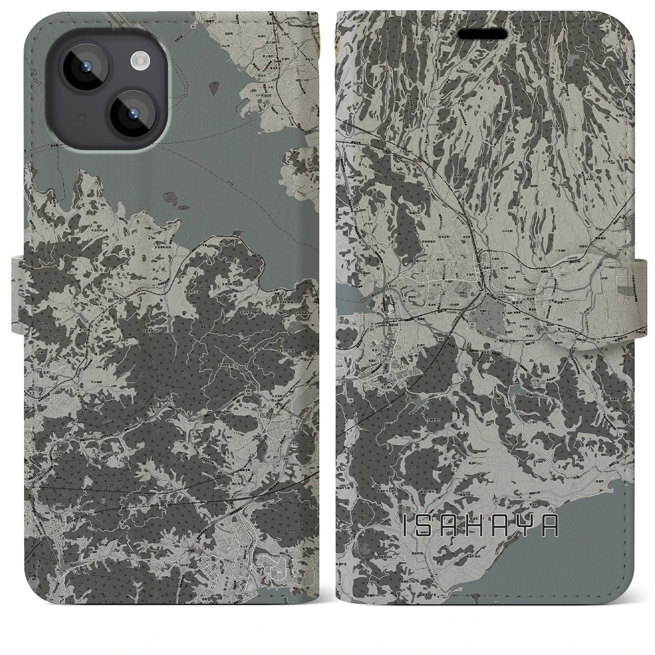 【諫早(長崎県)】地図柄iPhoneケース(手帳タイプ)モノトーン・iPhone 14 Plus 用