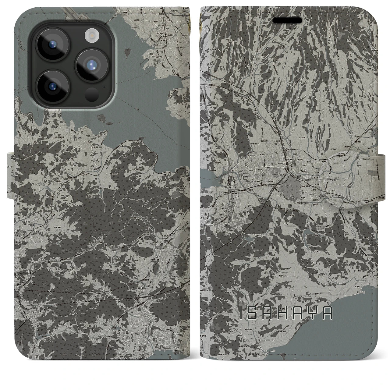【諫早(長崎県)】地図柄iPhoneケース(手帳タイプ)モノトーン・iPhone 15 Pro Max 用