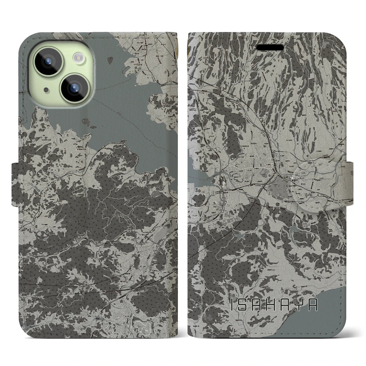 【諫早(長崎県)】地図柄iPhoneケース(手帳タイプ)モノトーン・iPhone 15 用