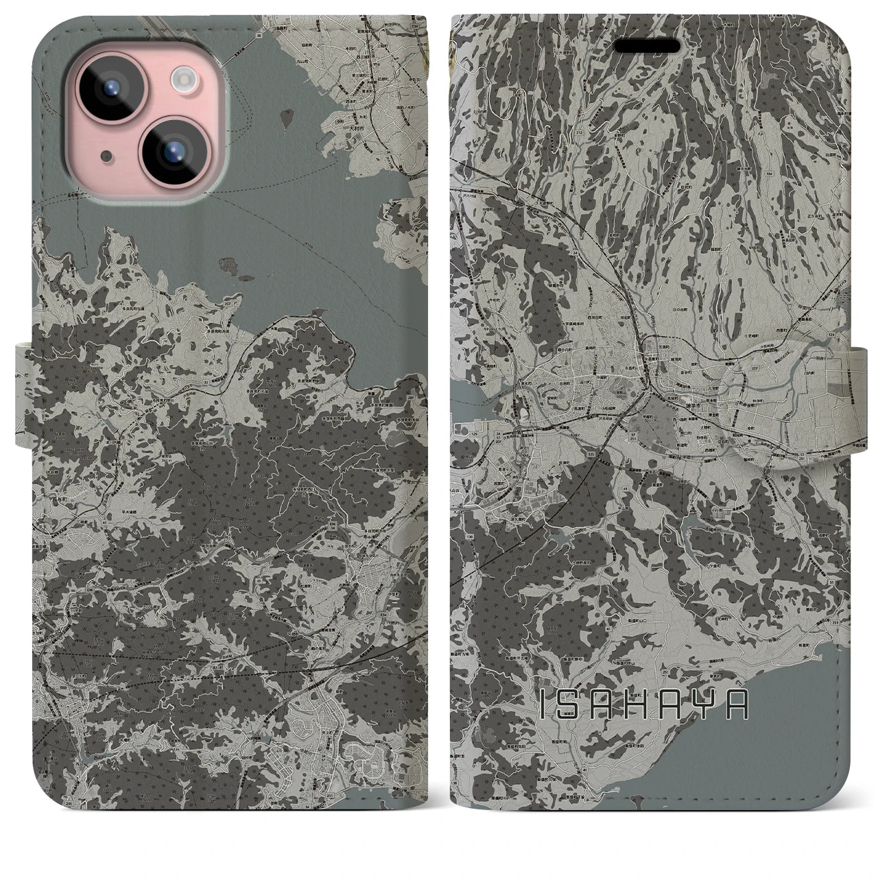 【諫早(長崎県)】地図柄iPhoneケース(手帳タイプ)モノトーン・iPhone 15 Plus 用