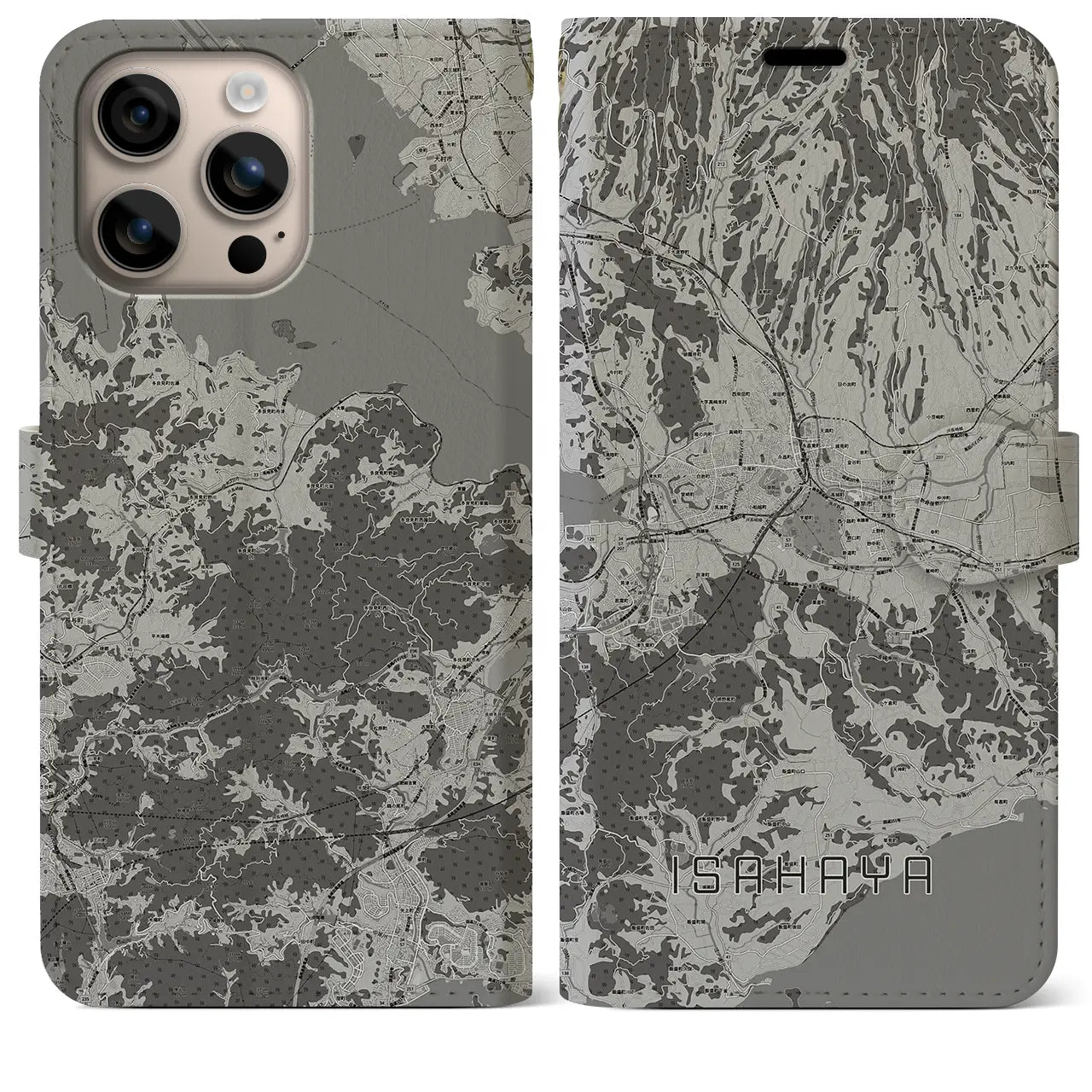 【諫早(長崎県)】地図柄iPhoneケース(手帳タイプ)モノトーン・iPhone 16 Plus 用