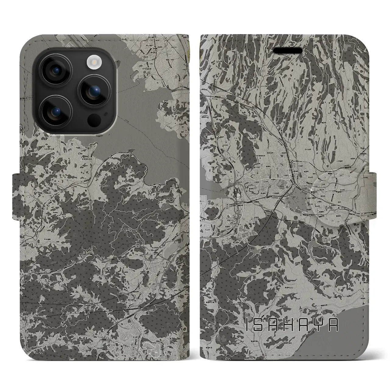 【諫早(長崎県)】地図柄iPhoneケース(手帳タイプ)モノトーン・iPhone 16 用