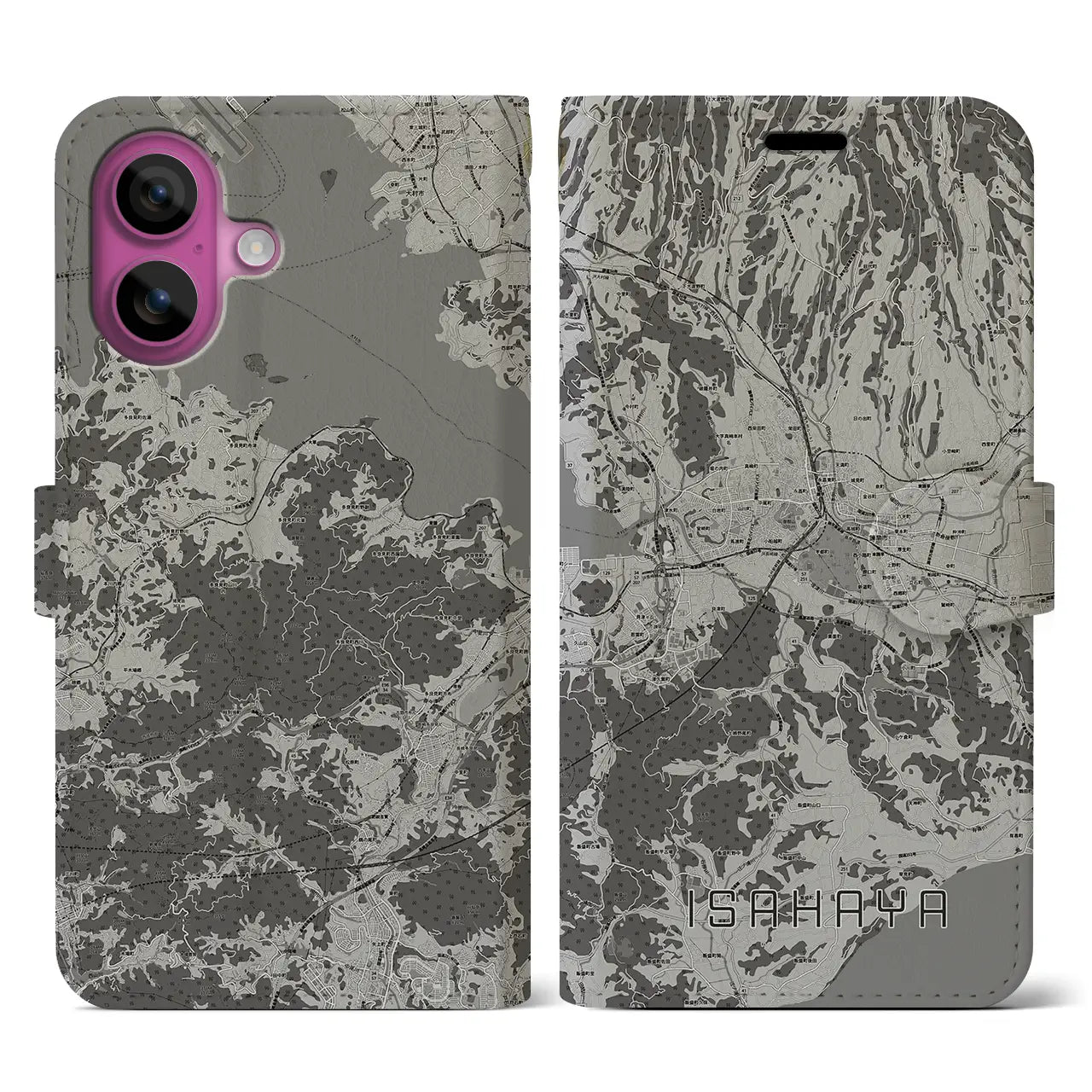 【諫早(長崎県)】地図柄iPhoneケース(手帳タイプ)モノトーン・iPhone 16 Pro 用