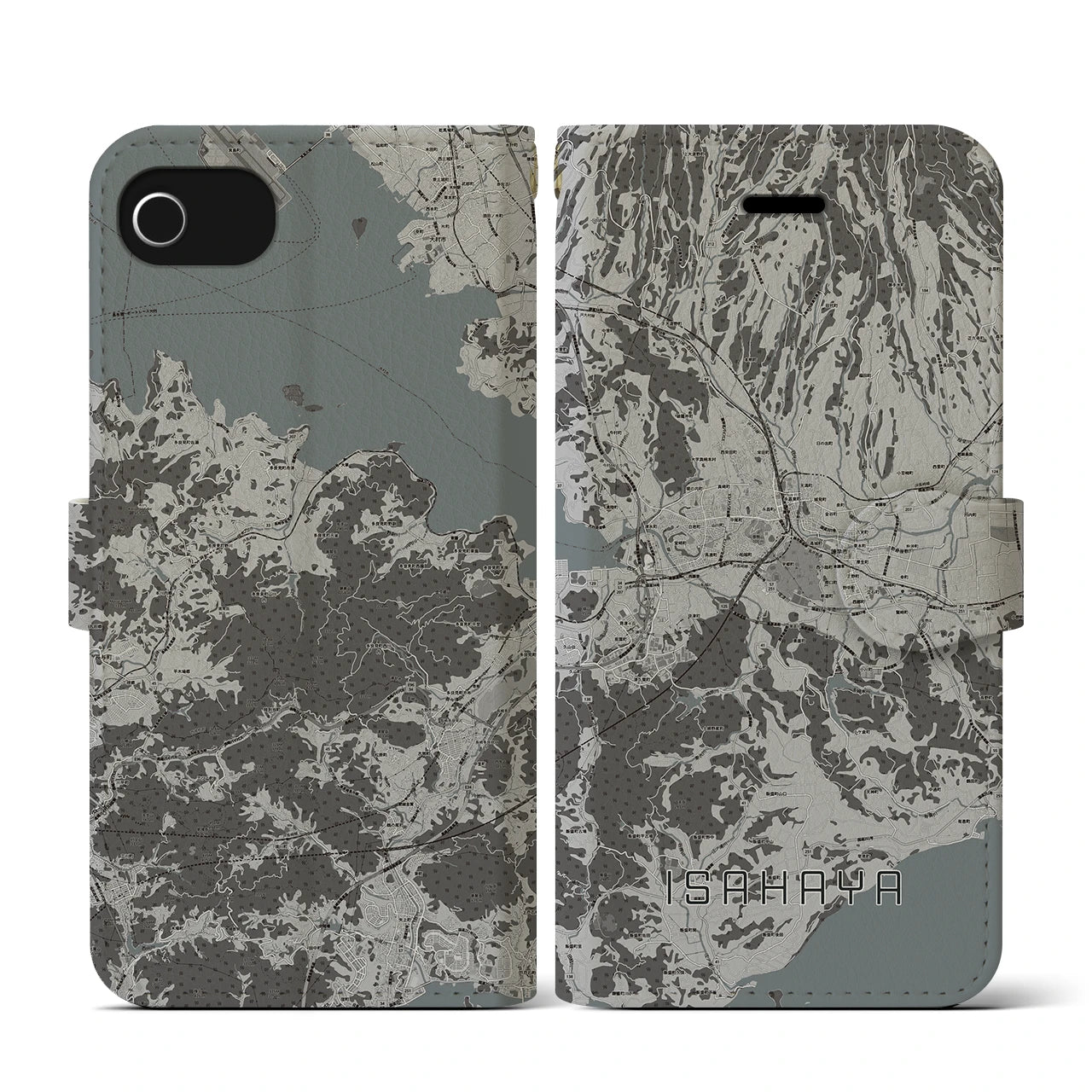【諫早(長崎県)】地図柄iPhoneケース(手帳タイプ)モノトーン・iPhone SE(第3 / 第2世代) / 8 / 7 / 6s / 6 用